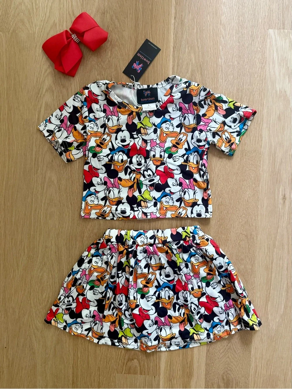 Girls Matching Set with Red Bow - Disney Mickey Minnie and Friends Print